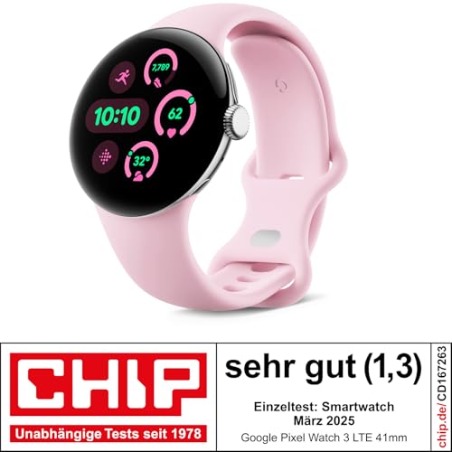 Google Pixel Watch 3 41mm Smartwatch – Herzfrequenz, Fitbit Running, Fitness, 24h Akku, Wi-Fi, Silber/Rose Quartz